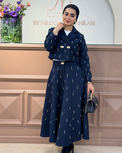 کت و دامن مرواریددوزی باران سرمه‌ای